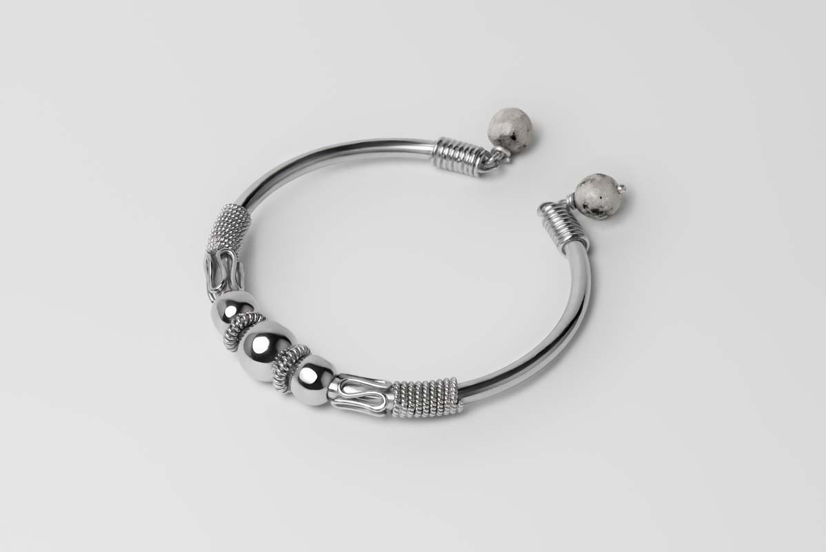 Signature Silver Beads & White Stones Bangle