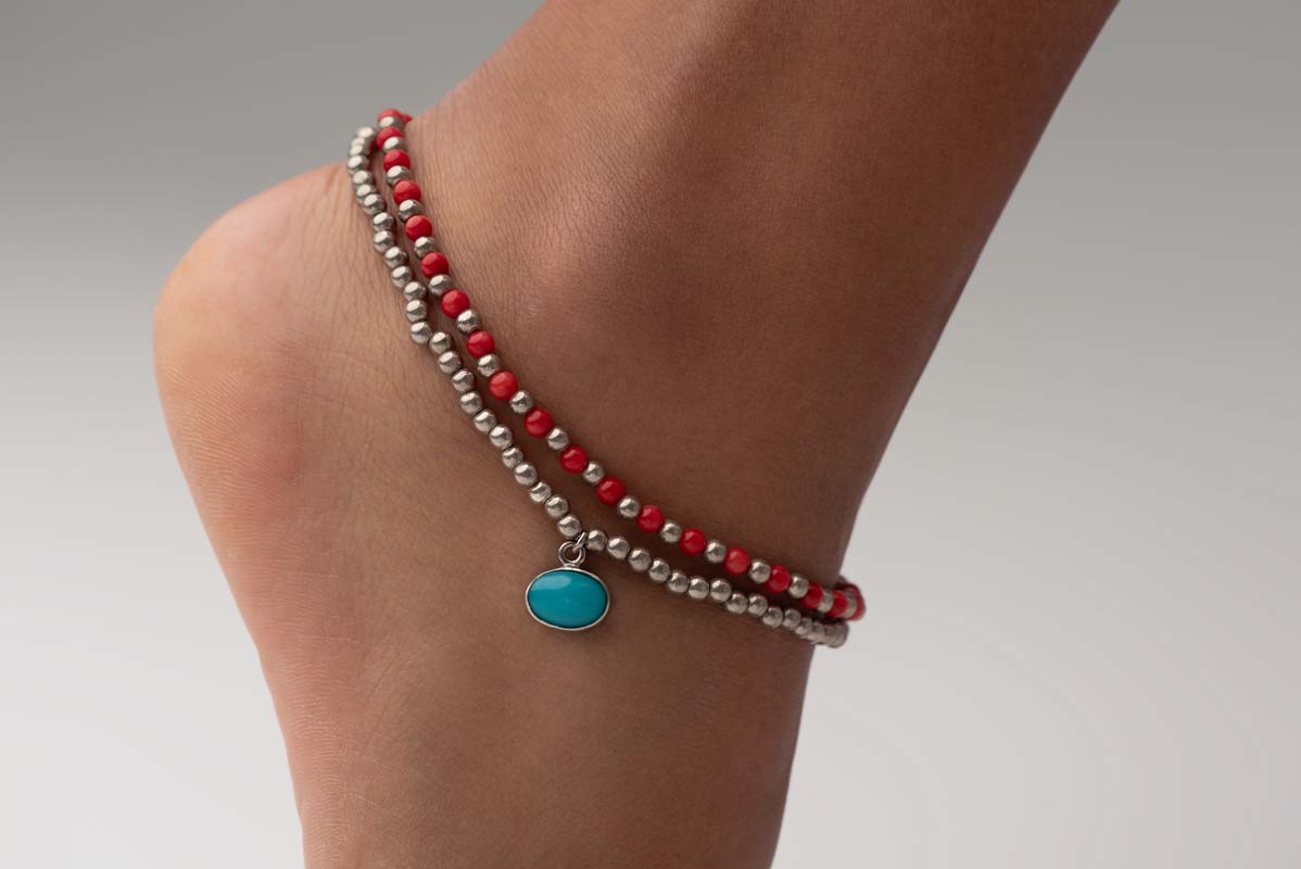 Signature Coral Double Anklet -Turquoise stone