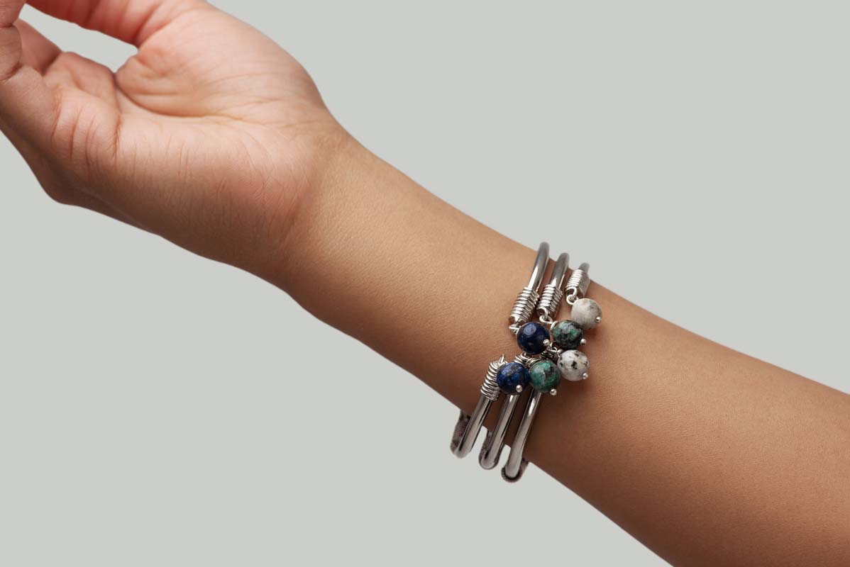 Signature Silver Beads & Green Stones Bangle