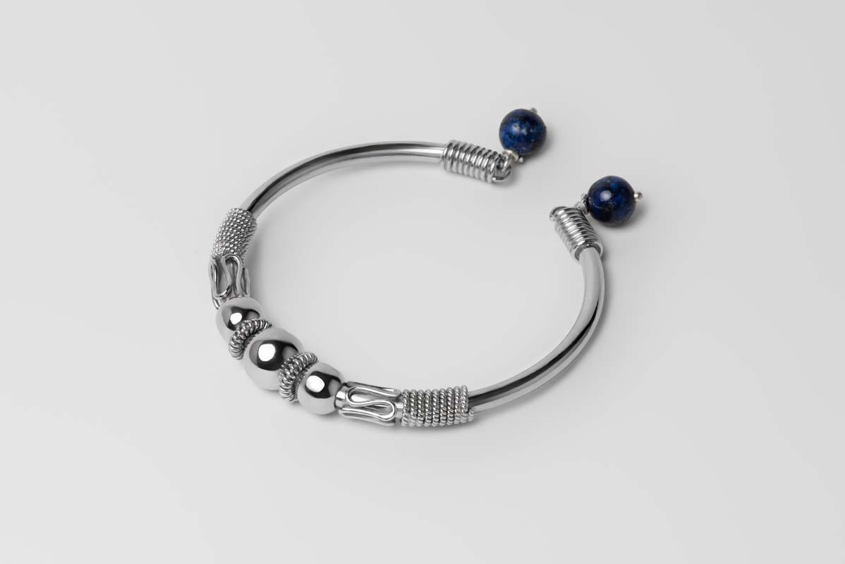 Signature Silver Beads & Blue Stones Bangle