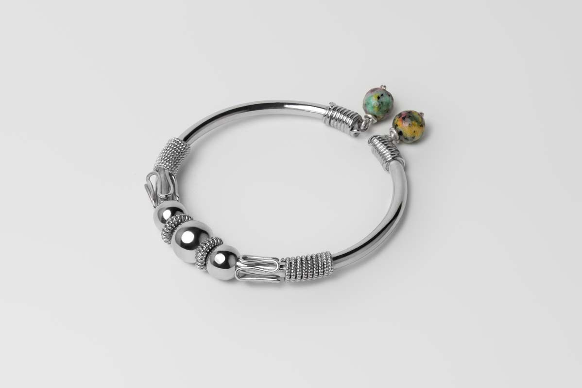 Signature Silver Beads & Multicolor Stones Bangle