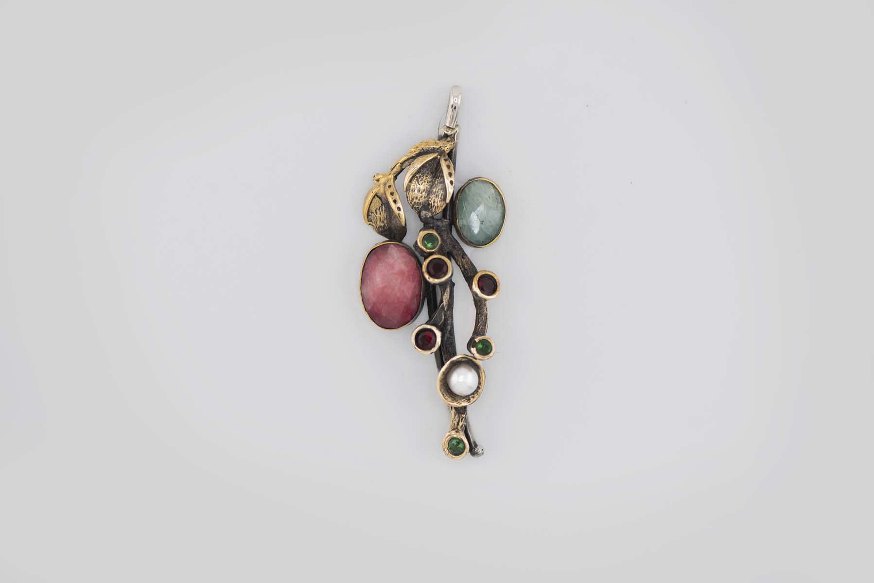 Turkish Ottoman Pink & Green Stone Leaves Pendant