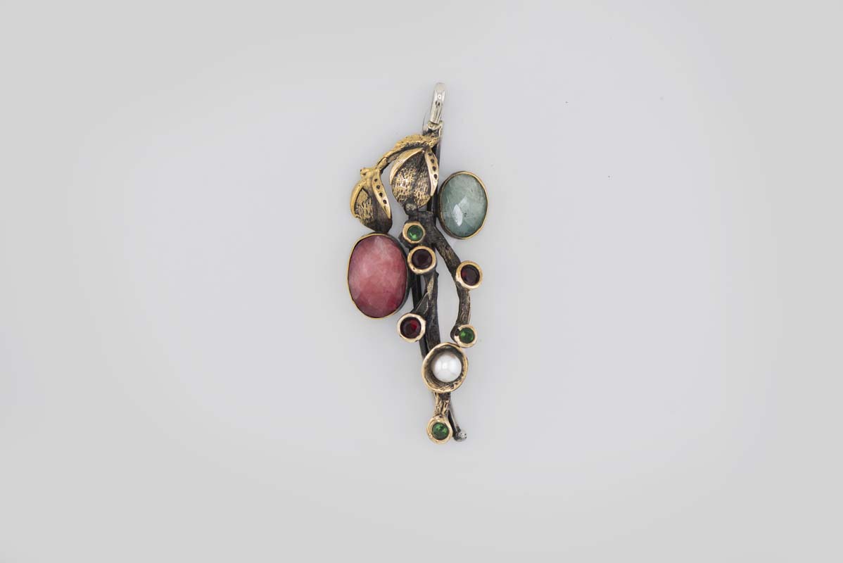 Turkish Ottoman Pink & Green Stone Leaves Pendant