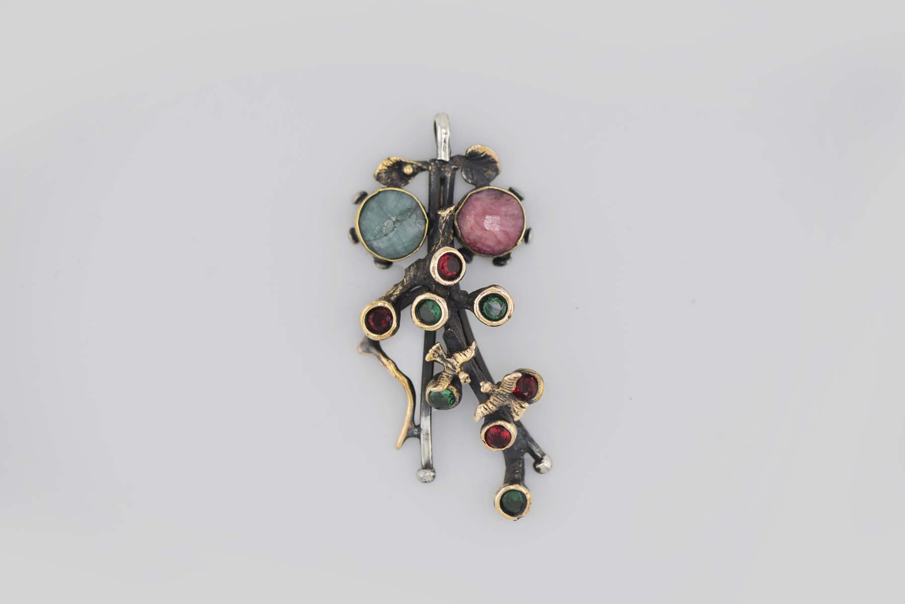 Turkish Ottoman Green & Pink Stone Birds Pendant