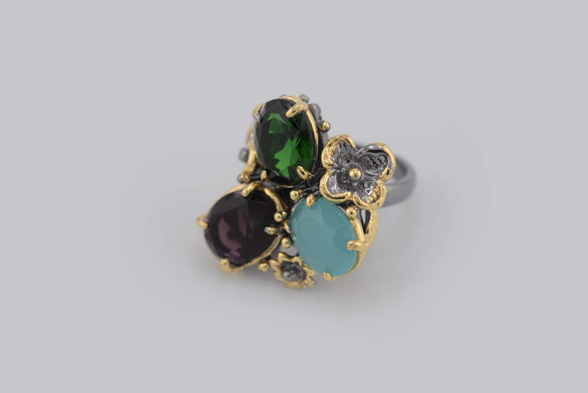 Turkish Ottoman Green/Aqua/Purple Stone Floral Ring