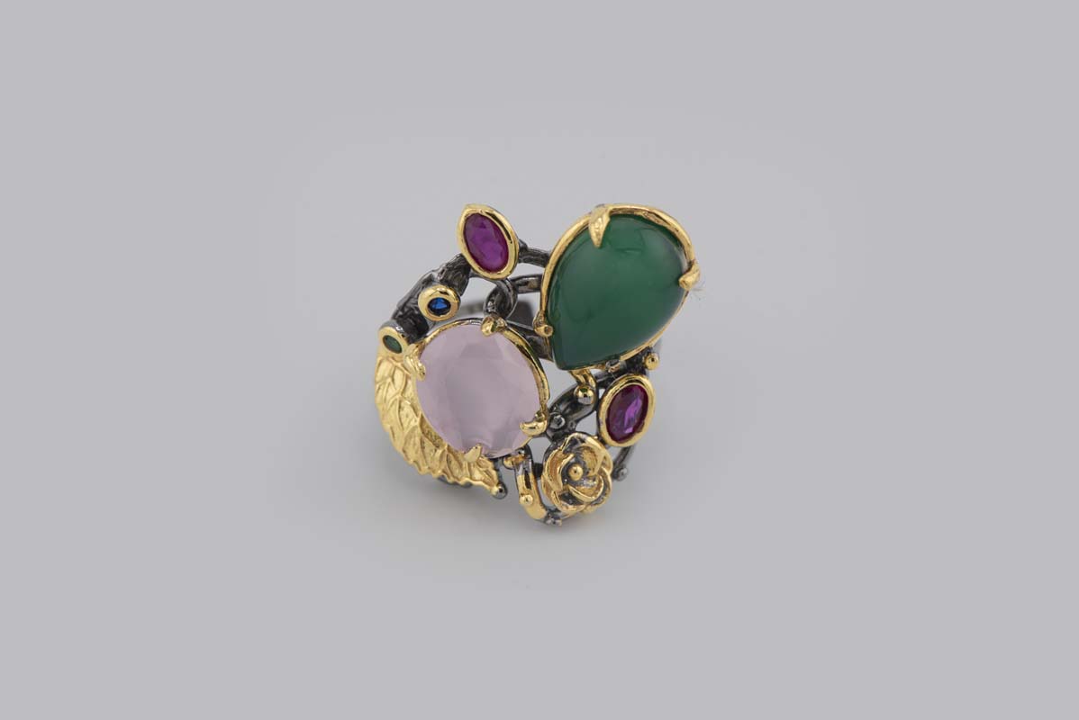 Turkish Ottoman Green & Pink Stone Leaf Ring