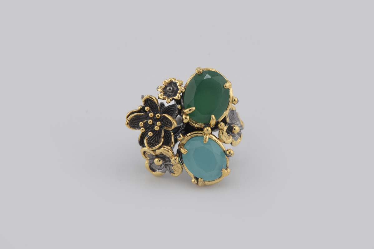 Turkish Ottoman Green & Aqua Stone Floral Ring