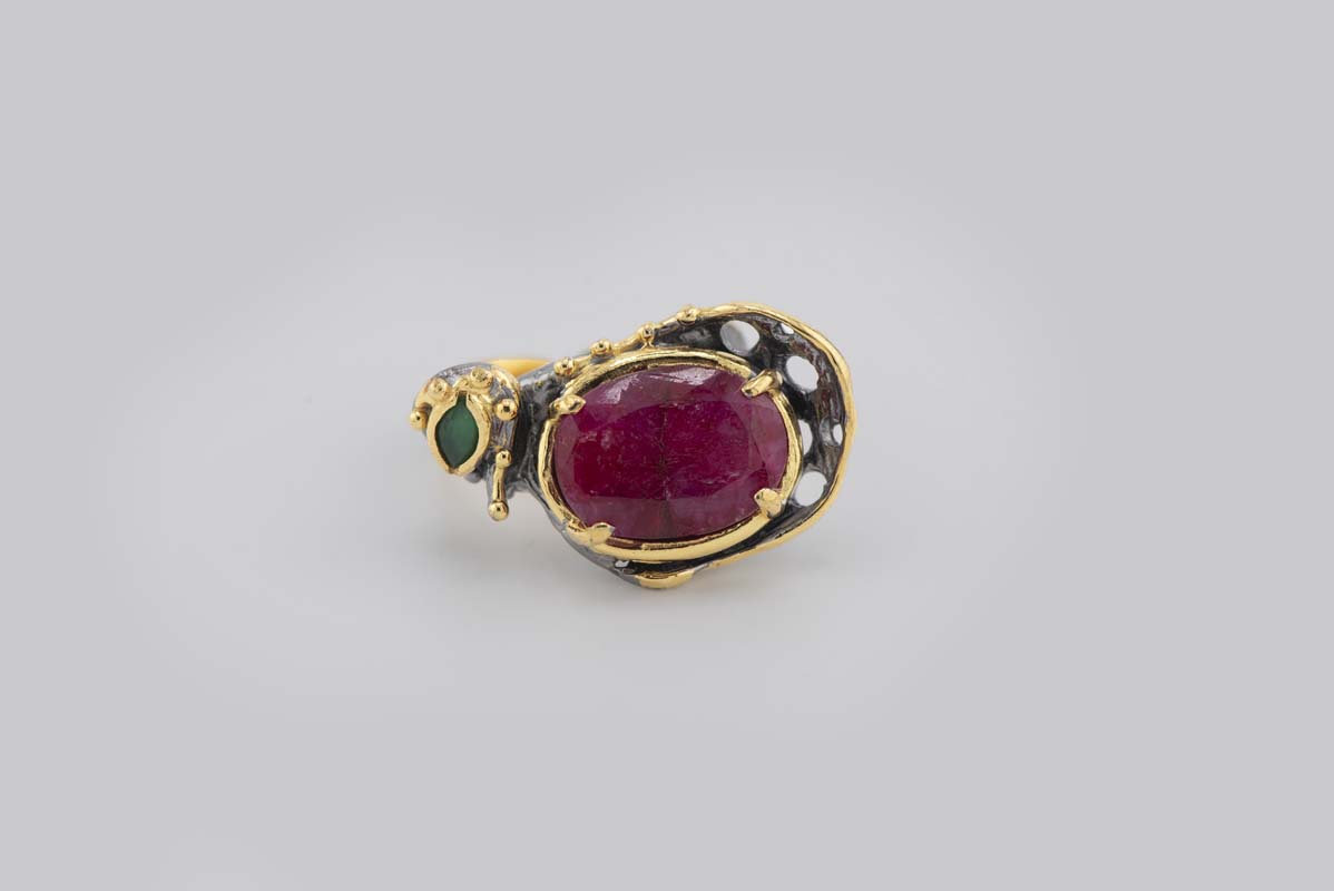 Turkish Ottoman Red & Green Stone Ring