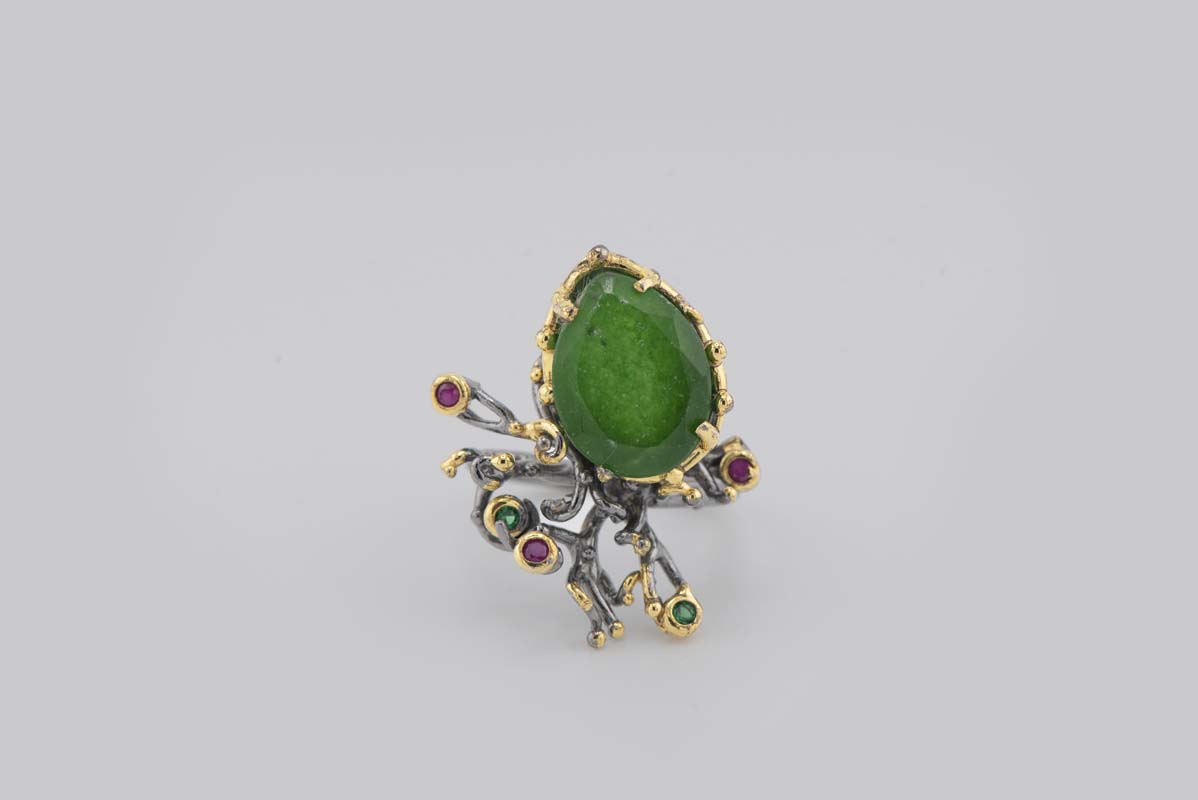 Turkish Ottoman Green & Multi-colored Branches Stone Ring