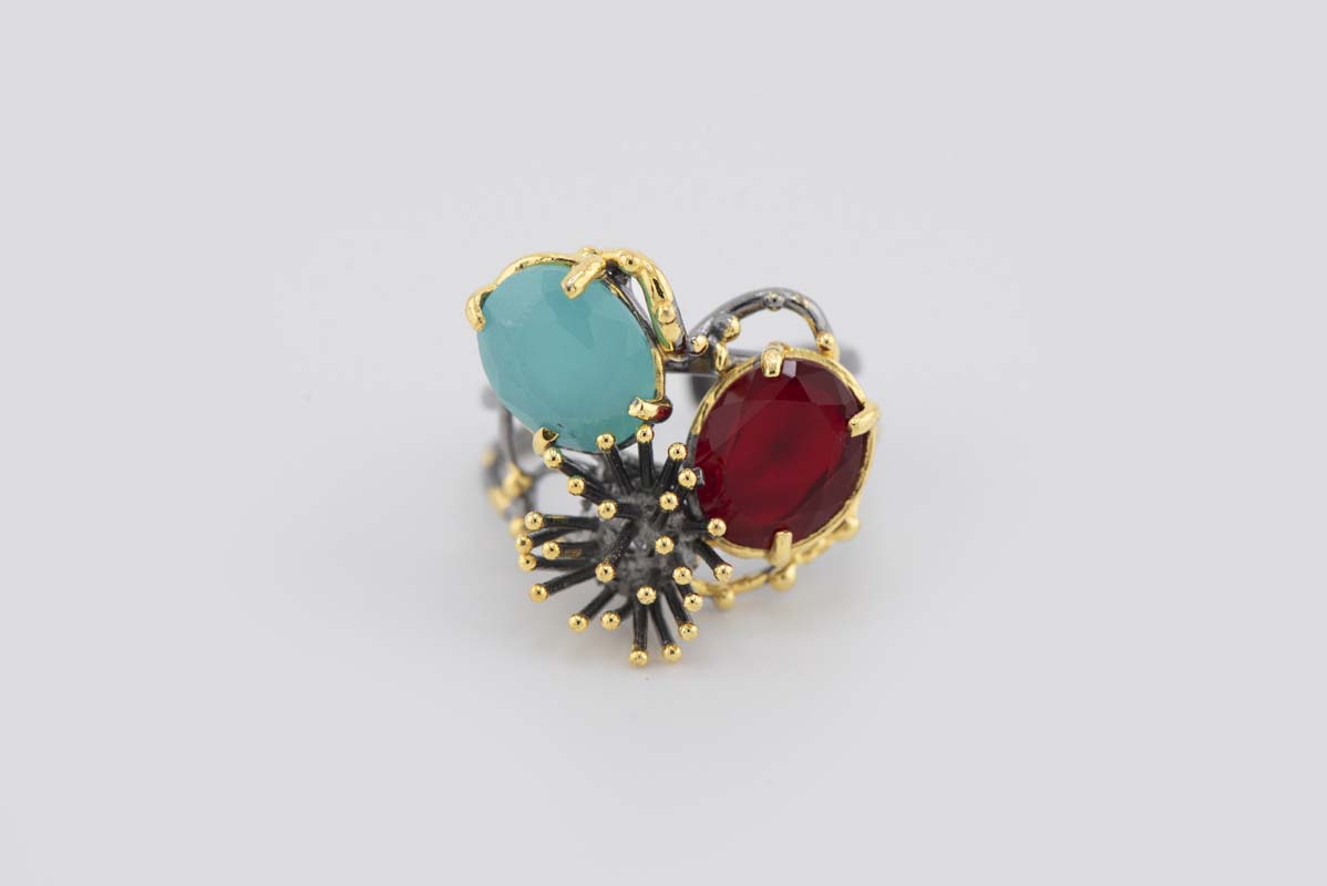 Turkish Ottoman Red & Aqua Stone Ring