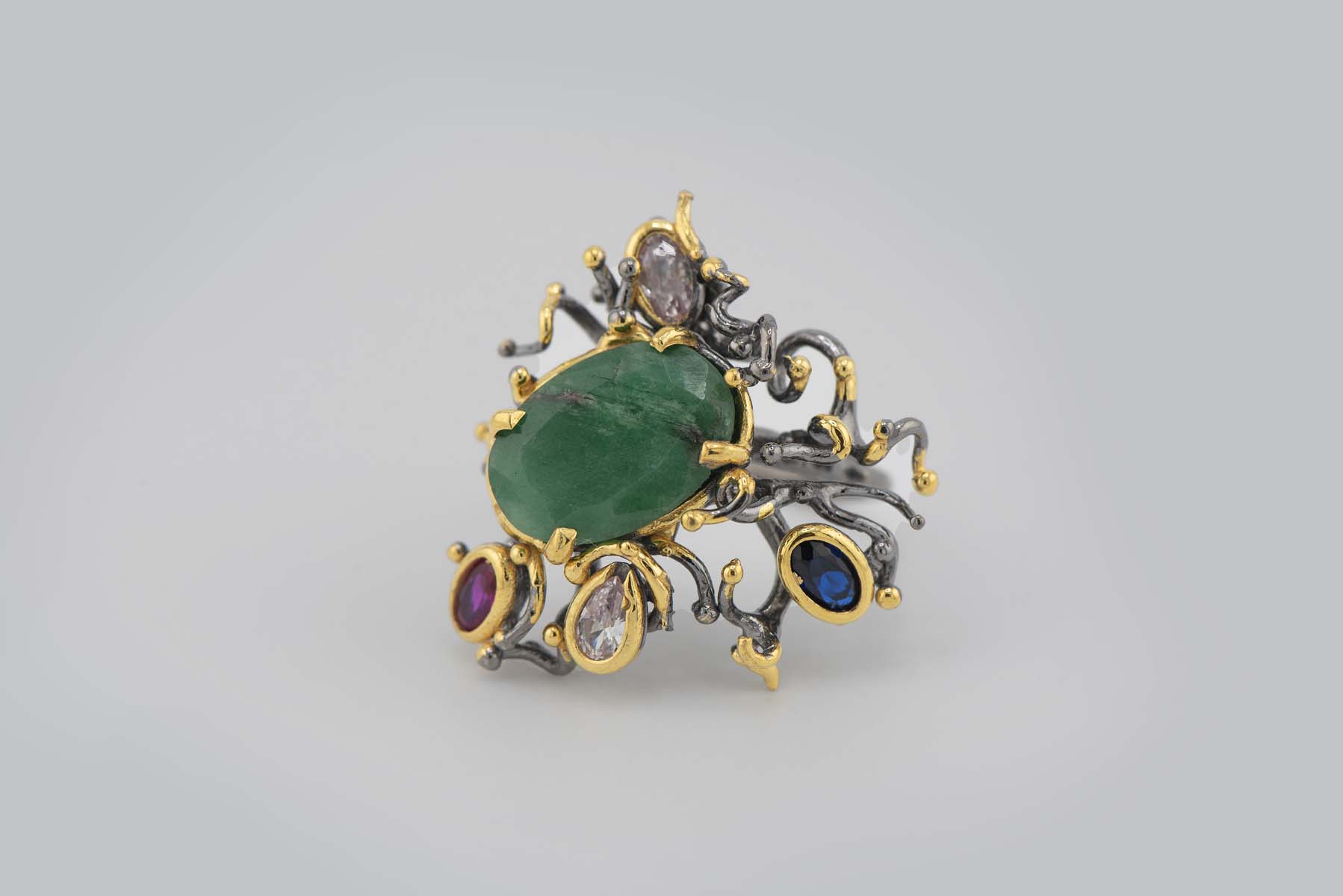 Turkish Ottoman Green With multicolored Stone Ring